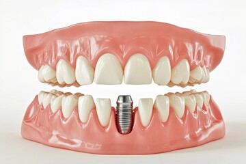 Obraz premium Dental implant positioned securely in the jaw surrounded by natural teeth demonstrating effective oral restoration