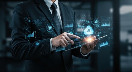 Businessman uses digital tablet with artificial intelligence cloud graphic overlay