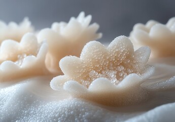 Delicate, flower-shaped formations with frosty beads create an ethereal, soft-focus abstract scene in white and cream tones.