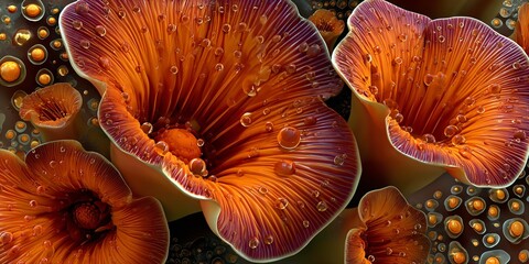orange floral texture with dewdrop accents, botanical background with petals and droplets, abstract flower composition in orange tones