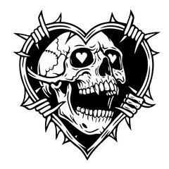 Skull with Barbed Heart Shaped Frame Heart Eyes