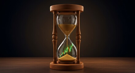 Hourglass displaying financial growth concepts with stock market candlestick charts