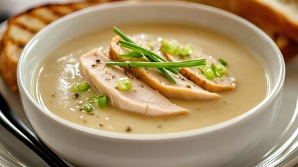 A beautifully plated bowl of Parmentier soup, topped with turkey slices and fresh green onions, paired with perfectly grilled bread.