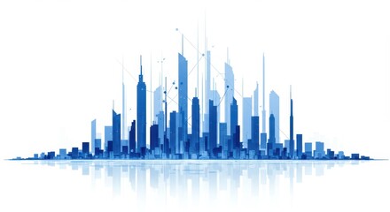 Blue cityscape silhouette with reflection against white background