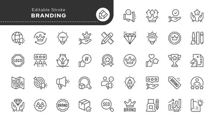 Branding line icon set. Brand, advertising, design, logo, marketing, product, loyal customers, branded products and more. Outline icon in linear style. Vector collection.
