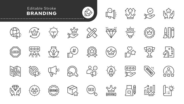 Branding line icon set. Brand, advertising, design, logo, marketing, product, loyal customers, branded products and more. Outline icon in linear style. Vector collection.
