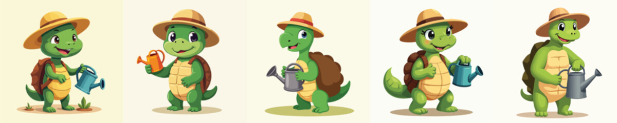 Cute Turtle Gardener Mascot – Cartoon Flat Animal Character with Watering Can and Hat