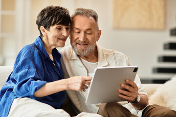 Middle aged couple sharing laughter while using a tablet at home in cozy living room