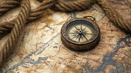 A close-up of a weathered compass and thick rope coiled on a faded North Pole map, history and Arctic travel inspiration