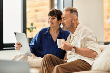 Middle aged couple shares joyful moments together at home while enjoying coffee