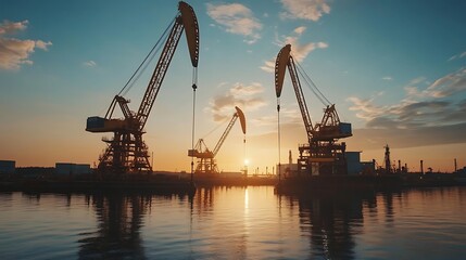Obraz premium minimalist industrial cranes silhouette with soft light and neutral background abstract oil industry mood