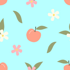Seamless pattern with cute peach fruit on blue background. Vector illustration for printing. Cute baby background