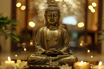 Fototapeta premium Ancient statue great Buddha on bright holiday composition, abstract vivid composition consists of fictional unreal fantastic vision on background