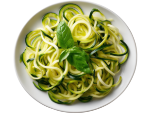 Fresh Zucchini Pasta: A vibrant close-up of freshly prepared zucchini pasta, artfully arranged on a plate, garnished with a single, fragrant basil leaf, promising a flavorful and healthy meal.