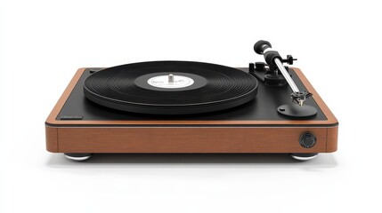 Fototapeta premium Sleek turntable with wooden finish and vinyl record spinning, capturing the essence of classic music enjoyment.
