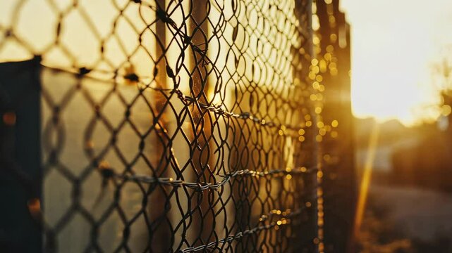 Abstract Golden Hour: Close-up of a Chain Link Fence with Bokeh and Warm Sunset Light
