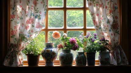 A grandmother's window sill adorned with delicate floral curtains, hand-painted vases, and freshly picked garden blooms.