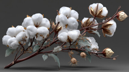 Realistic cotton branch with flowers, beautiful stem with white blossoms isolated transparent background, natural fluffy fiber ripe bolls with soft texturedesign element 3d vector illustration