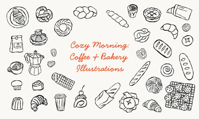Minimalist Bakery and Coffee Doodle Set. Vector Hand Drawn Aesthetic Clipart. All elements are isolated.
