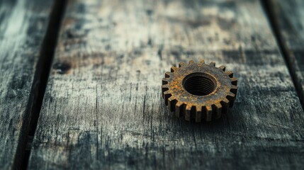 A macro view of a small but heavily rusted metal gear sitting on an antique wooden table, detailed textures and soft shadows