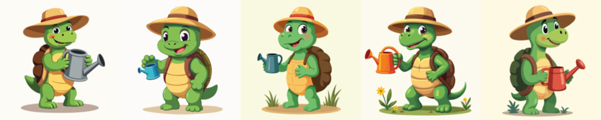 Cute Turtle Gardener Mascot – Cartoon Flat Animal Character with Watering Can and Hat