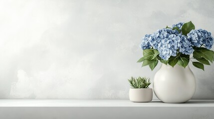 Fototapeta premium A minimalist vase with blue hydrangeas on a floating shelf, styled with neutral home decor elements.