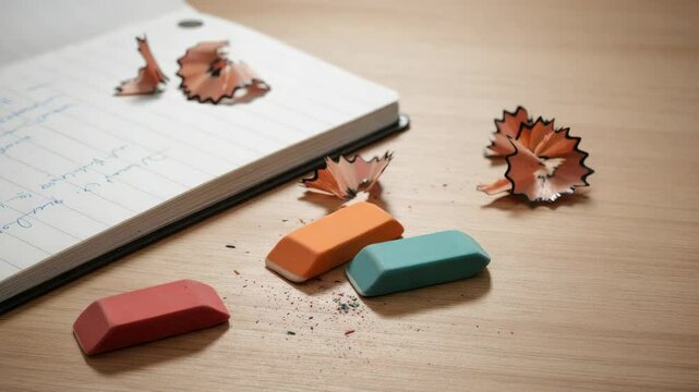 Three erasers and pencil shavings near notebook