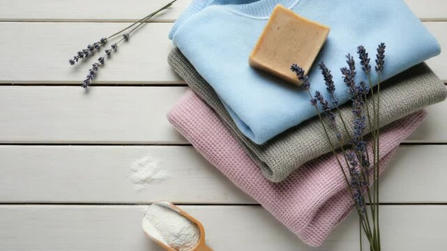 Neatly folded sweaters with soap and lavender on white wooden surface