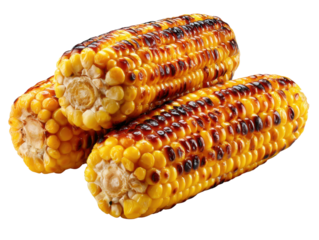 Grilled Corn: A close-up captures perfectly grilled corn on the cob, with golden kernels glistening invitingly, ready to enjoy. This shot evokes the simple pleasure of food.