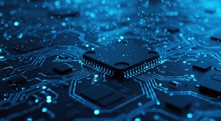 Illuminated circuit board with processor and blue glowing lines