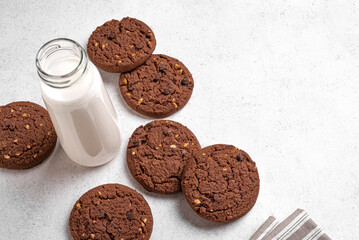Chocolate cookies and bottle of milk