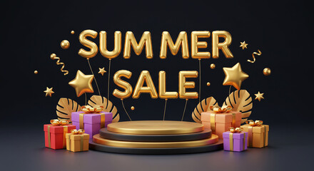 Summer sale display with golden accents 3d, gold foil, summer sale, product display, podium, gift boxes, gold ribbons, sparkles, high contrast, metallic, studio lighting
