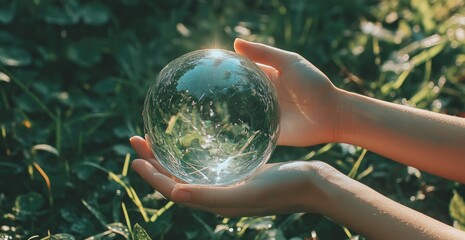 Crystal orb held gently in hands, reflecting lush green foliage. Sunlight streams through the sphere, showcasing nature's beauty
