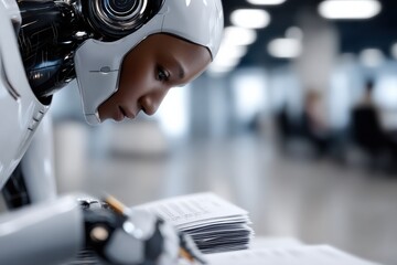 An advanced humanoid robot focuses on reviewing papers in a modern workspace, illustrating the intersection of AI technology with practical tasks in the contemporary working world.