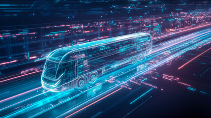 Future transport with illuminated data transfer on digital highway, for futuristic concept, digital technology, AI and network communication