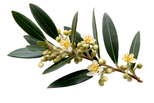 Olive branch with flowers close up macro shot mediterranean plant nature photo on transparent background - Powered by Adobe