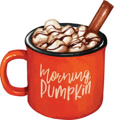 Watercolor pumpkin spice latte with marshmallows and cinnamon stick Drink. Cozy Fall Beverage Mug Illustration. Cozy season visuals, cafe branding, and fall recipes.