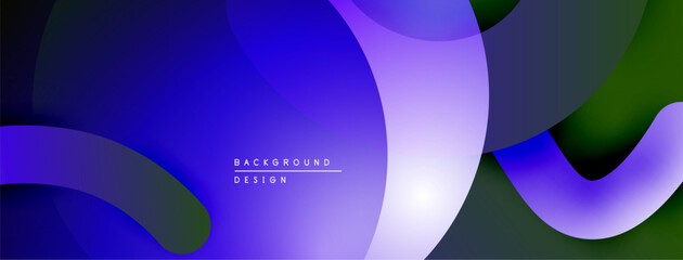 Abstract fluid shapes overlap, creating dynamic gradients. Purple, blue, green hues blend seamlessly. Modern background design element.