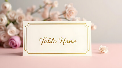 Table name card design with modern minimalist layout and golden highlight on soft pastel base.