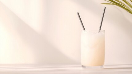 Creamy Refreshing Beverage in Glass with Straws, Summer Drink Concept