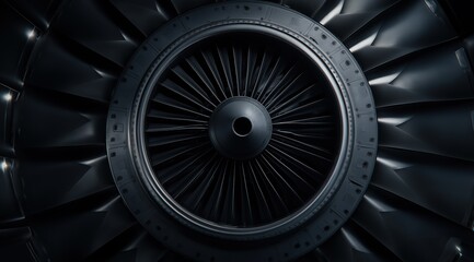 Close-up of Jet Engine with Intricate Details and Powerful Blades Against Dark Background. Symmetry and Precision for Commercial Electronic Equipment Advertisement