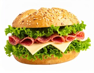 Delicious salami sandwich with cheese, lettuce, and seeded bread, isolated on white