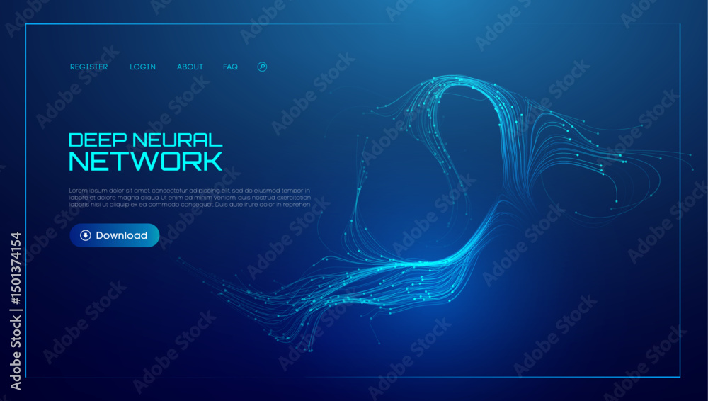 Fototapete Neural network background with AI data in abstract tech waves. Blue science with artificial flow and digital light vector lines. Future graphic technology pattern in 3D banner concept design.
