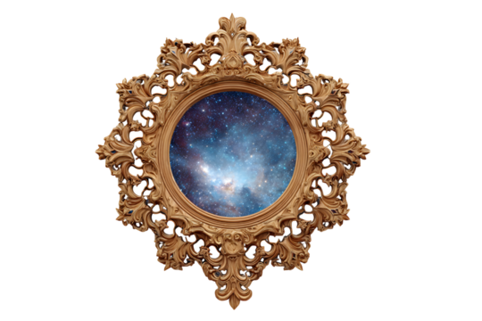Ornate gold frame with galaxy space view, celestial art, wall decor print on transparent background