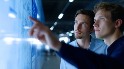Two professionals actively discussing and analyzing data on a large screen. The setting exudes a modern and collaborative atmosphere, perfect for showcasing teamwork in a business context. AI