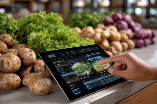 A hand engaging with a tablet screen among fresh vegetables emphasizes the fusion of technology and agriculture in empowering sustainable living and healthy choices.