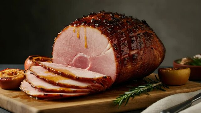 Glazed ham with roasted apples and herbs on cutting board