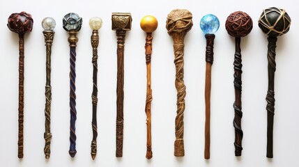 Decorative wands feature intricate designs and textures, showcasing craftsmanship and creativity in a horizontal layout.