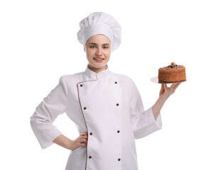 Happy confectioner in uniform holding delicious chocolate cake on white background