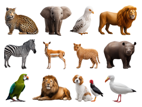 Diverse Wildlife Portrait: A captivating assemblage of diverse animals, showcasing the stunning beauty and variety of creatures in their full splendor, with crisp detail and vibrant colors.